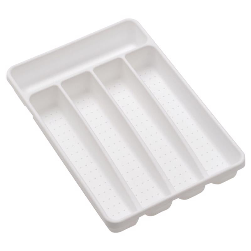 White silverware tray storage drawer organizer by Emery Jensen, designed to keep utensils neatly arranged.