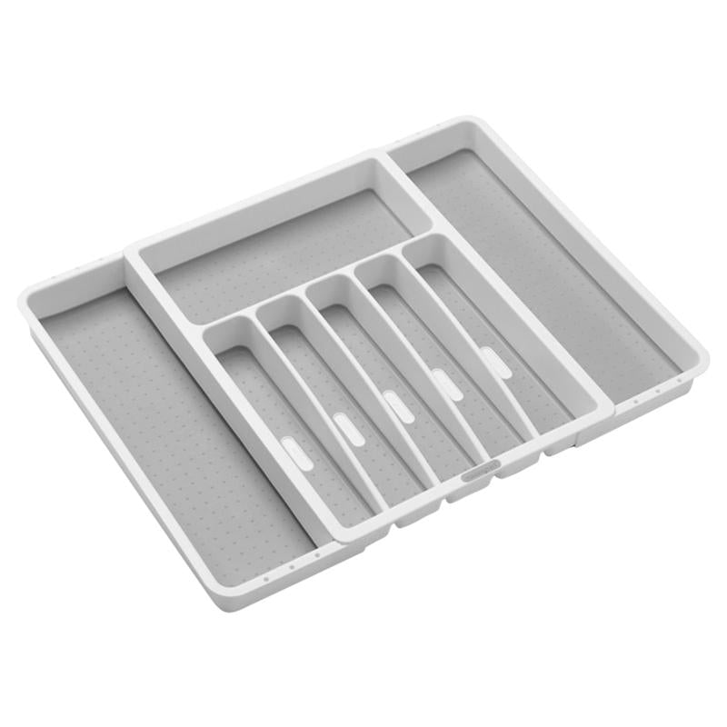 Emery Jensen SILVRWARE TRAY EXPAN white storage drawer organizer with multiple compartments for utensils and silverware.