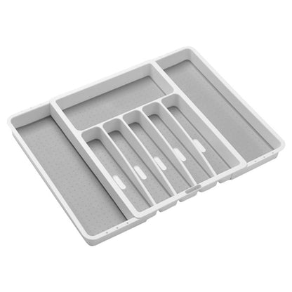 Emery Jensen SILVRWARE TRAY EXPAN white storage drawer organizer with multiple compartments for utensils and silverware.