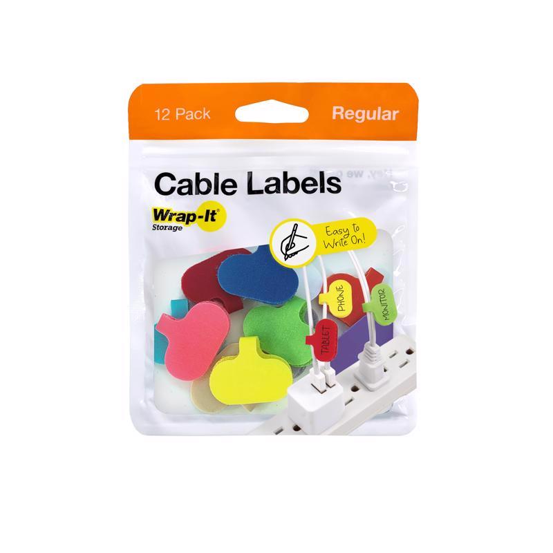 Nylon cable label from Emery Jensen attached to storage hooks for organized cable management.