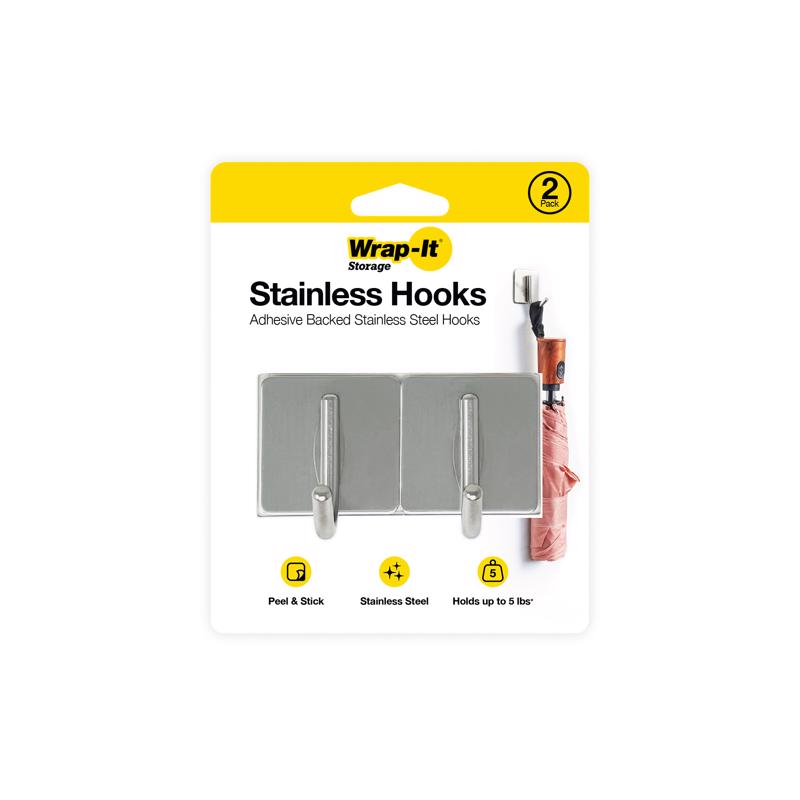 Set of two silver Emery Jensen storage hooks, adhesive wall hooks for organizing and hanging items.