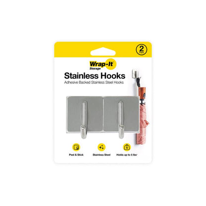 Set of two silver Emery Jensen storage hooks, adhesive wall hooks for organizing and hanging items.