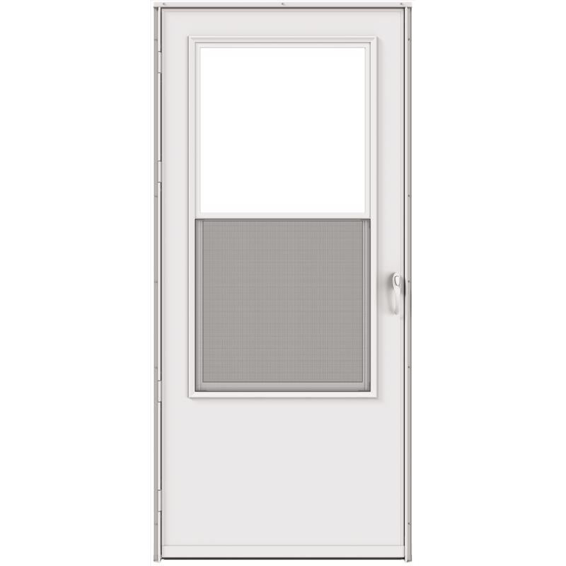 Emery Jensen vinyl clad storm door, 36-inch width, with clear glass panel and black frame.
