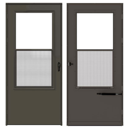 Emery Jensen storm door with a brown finish and glass panel, 36-inch width, sturdy metal frame, designed for outdoor entry.