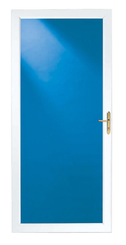 Emery Jensen 36-inch white storm door with full view design, installed in a home exterior for outdoor protection.