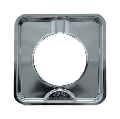 Square chrome stove reflector drip pan extender by Emery Jensen, measuring 7.75 inches, designed to catch drips and extend stove protection.