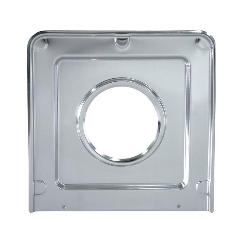Square 9-inch Emery Jensen stove reflector drip pan extender for cooking and heat distribution.