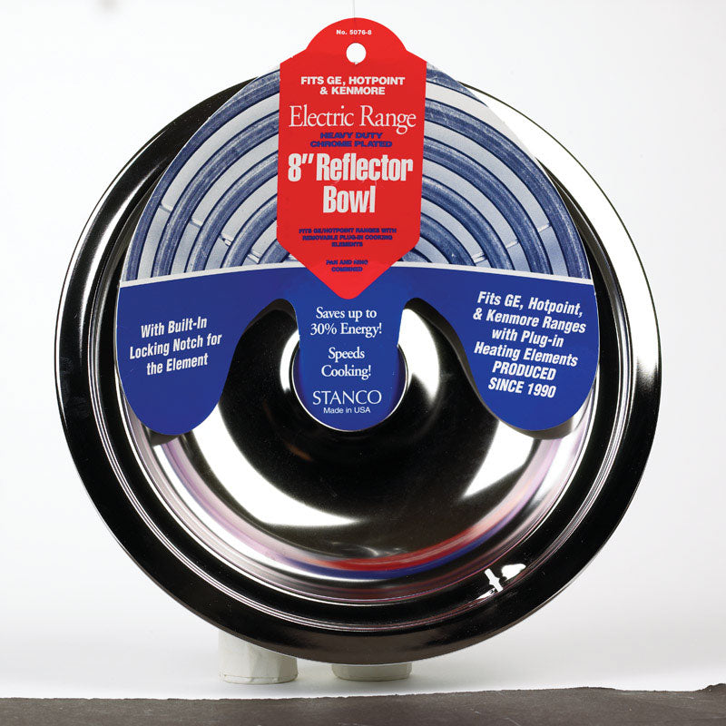 Large chrome stove bowl reflector pan extension by Emery Jensen, designed for stove protection and heat reflection.