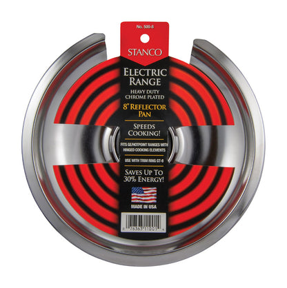 Emery Jensen 8-inch stove reflector pan and extender for cookware, showing a shiny metal pan with a handle.