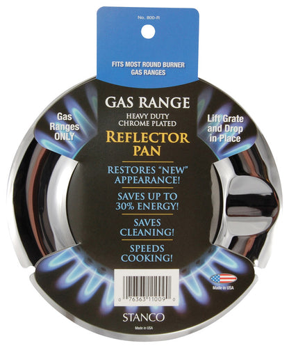 Emery Jensen round reflector pan extension for stove, model #800-r, visible with shiny metal surface and supporting bracket.