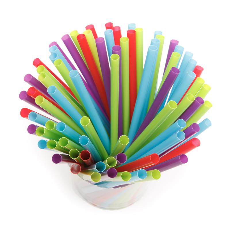 Assorted Emery Jensen drink straws in a 200-pack, featuring various colors and designs, suitable for beverages and parties.