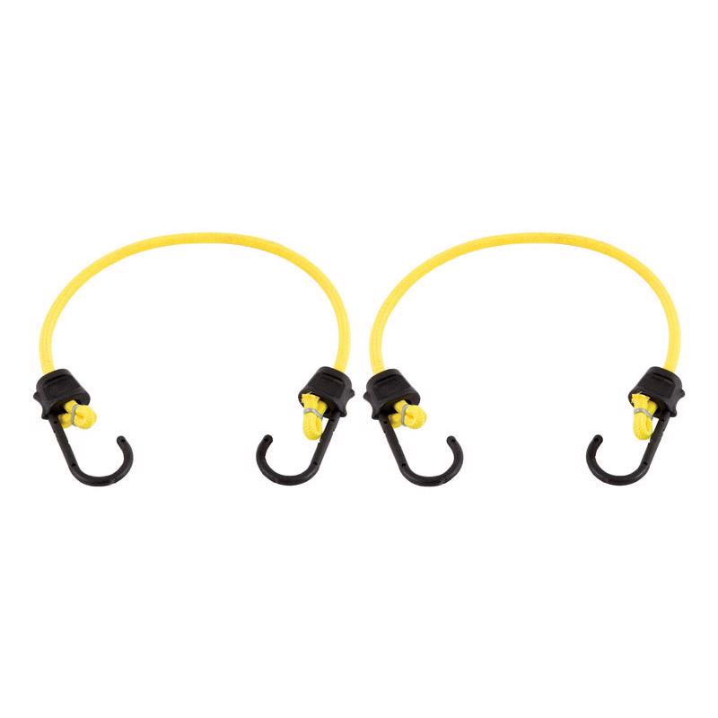 Yellow 24-inch bungee cords with hooks from Emery Jensen, 2-pack for securing and stretching items efficiently.