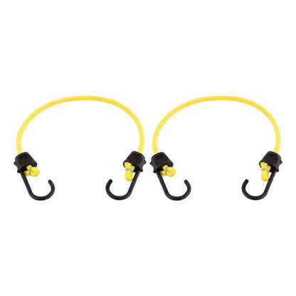 Yellow 24-inch bungee cords with hooks from Emery Jensen, 2-pack for securing and stretching items efficiently.