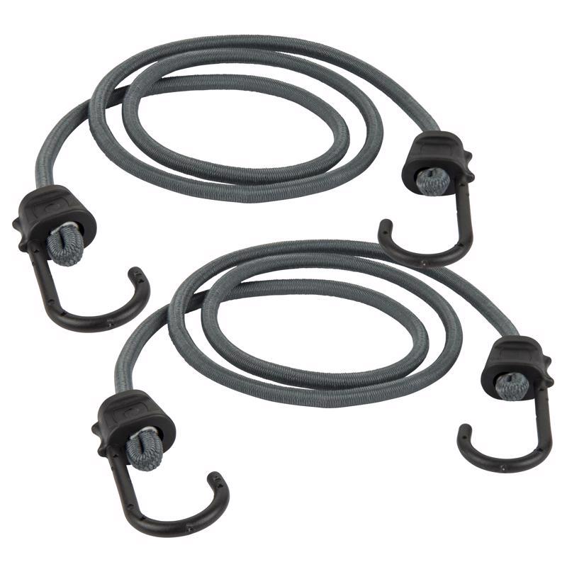 Gray 48-inch bungee cords with hooks from Emery Jensen, shown in a 2-pack for securing and stretching applications.