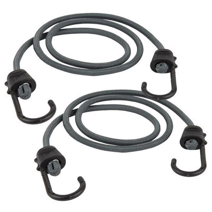 Gray 48-inch bungee cords with hooks from Emery Jensen, shown in a 2-pack for securing and stretching applications.