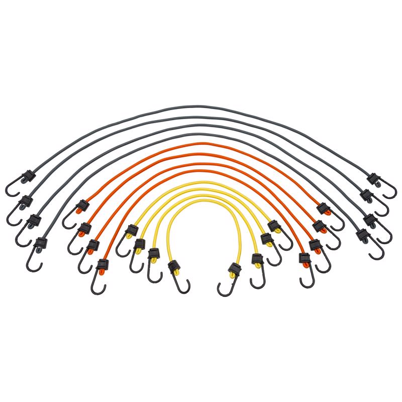 Assorted Emery Jensen bungee cords and hooks in a 12-pack, flexible stretch cords for securing items and outdoor use.