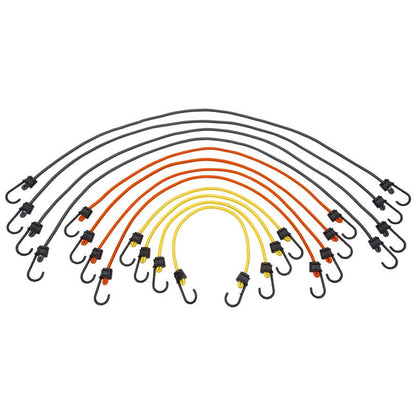 Assorted Emery Jensen bungee cords and hooks in a 12-pack, flexible stretch cords for securing items and outdoor use.