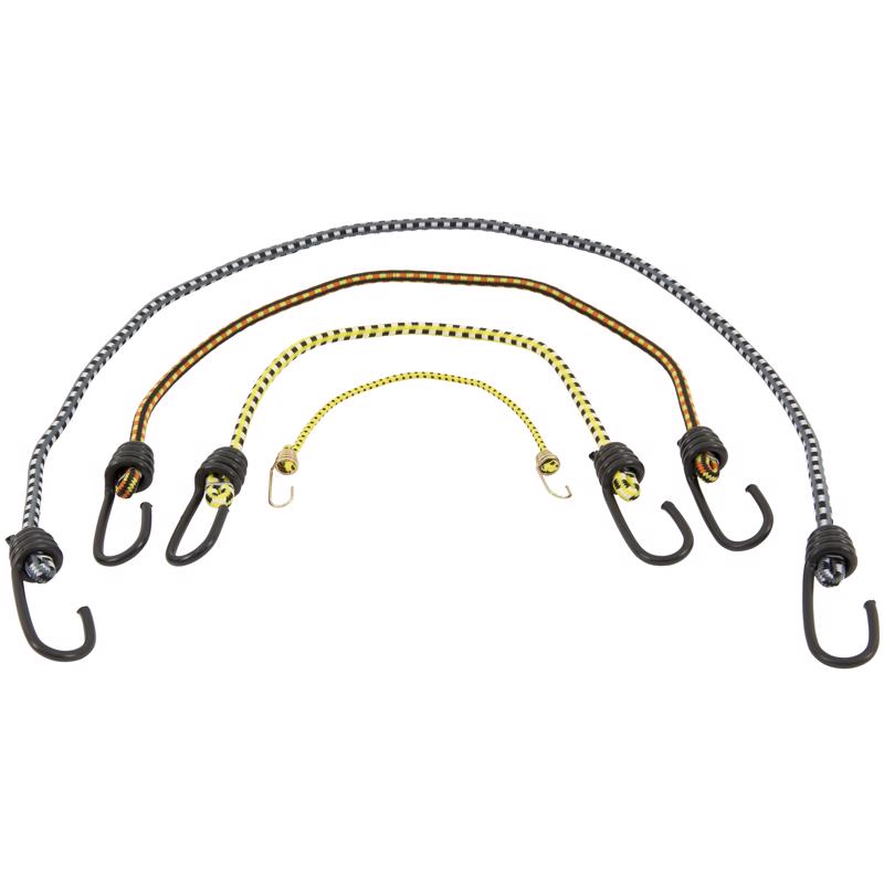 Emery Jensen bungee cords and hooks, assorted pack of 12 stretch cords ideal for securing items and outdoor use.