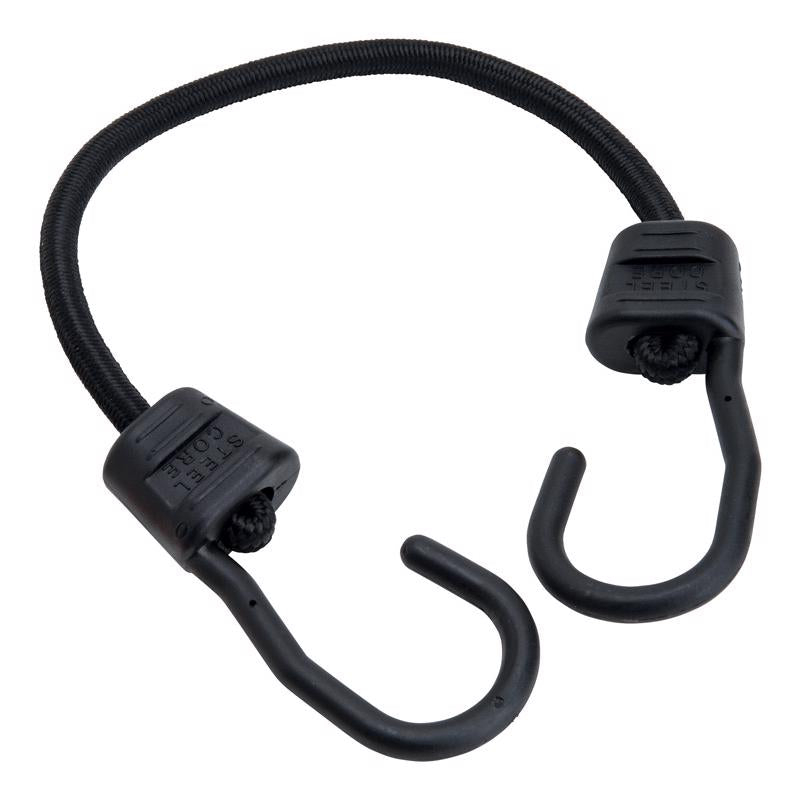 Black bungee cords with hooks, 18-inch length, pack of 10 from Emery Jensen, versatile stretch cords for securing items.