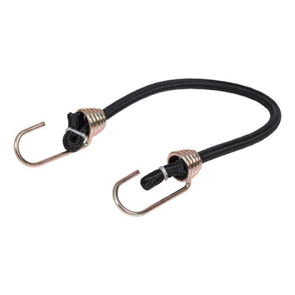 Black 18-inch bungee cords with hooks from Emery Jensen, in a pack of 10, used for securing and stretching items.