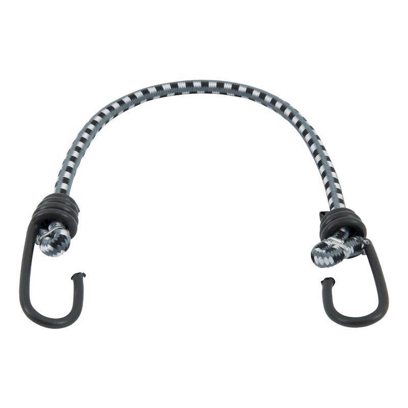Black and white Emery Jensen bungee cords, 18-inch stretch cords with hooks, pack of 10, versatile for securing and fastening.