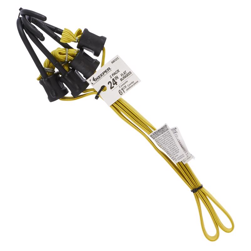 Yellow flat bungee cord from Emery Jensen, 24 inches long, with hooks, used for securing and stretching items.