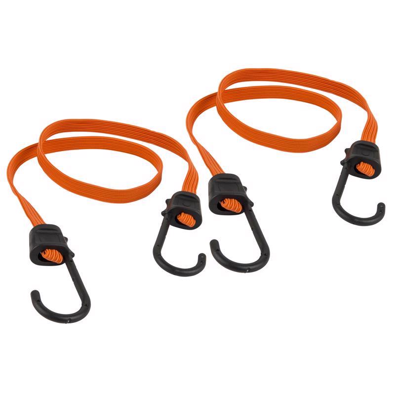 Flat 36-inch orange bungee cord from Emery Jensen with hooks, designed for secure stretching and fastening.