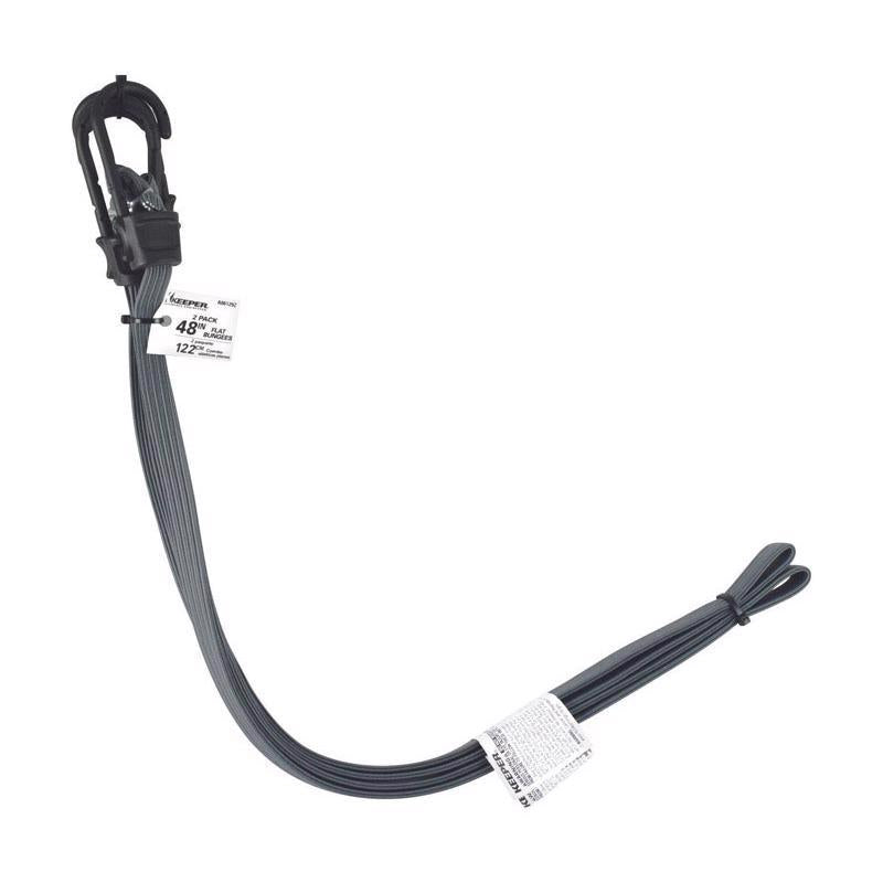 Black flat 48-inch bungee cord from Emery Jensen with hooks, designed for secure stretching and fastening.
