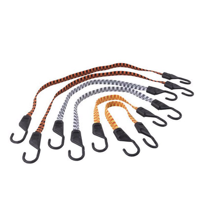 Set of six flat bungee cords with hooks from Emery Jensen, ideal for securing and bundling items effectively.