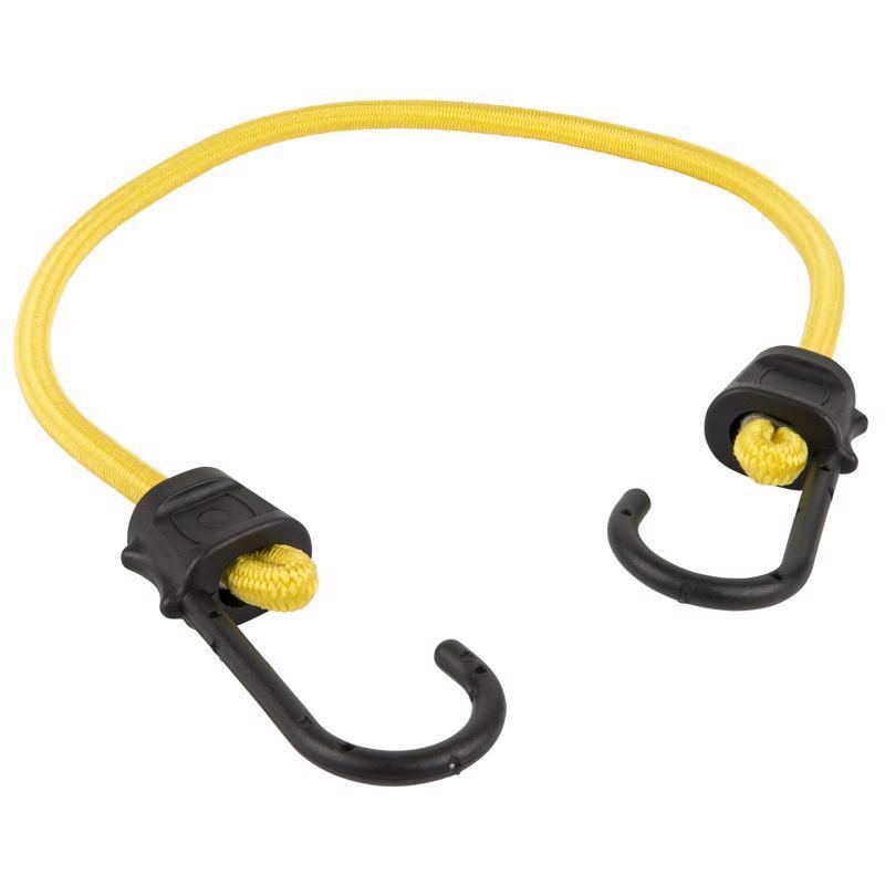 Yellow 24-inch bungee cords with hooks by Emery Jensen, set of four for securing and stretching items.