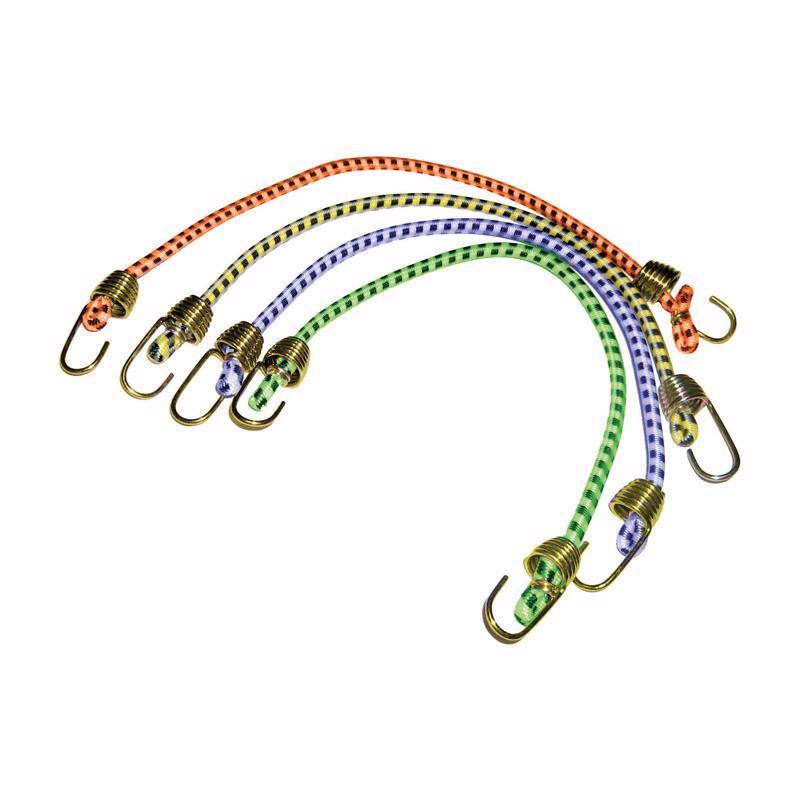 Set of four Emery Jensen Bungee Mini 10-inch stretch cords with hooks for secure load tying and versatile outdoor use.