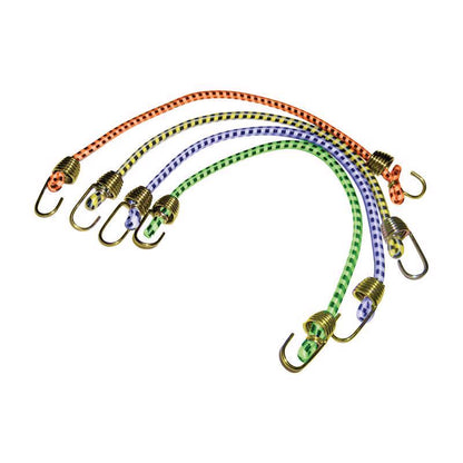 Set of four Emery Jensen Bungee Mini 10-inch stretch cords with hooks for secure load tying and versatile outdoor use.