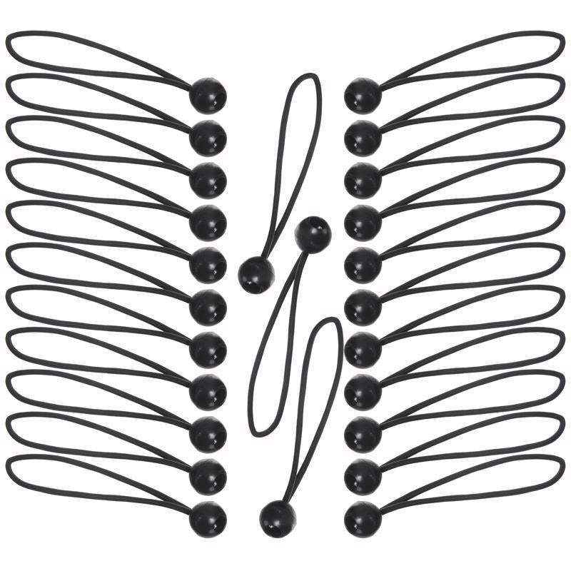 Set of 25 black 8-inch bungee cords with balls by Emery Jensen, stretch cords with hooks for secure fastening and versatile use.