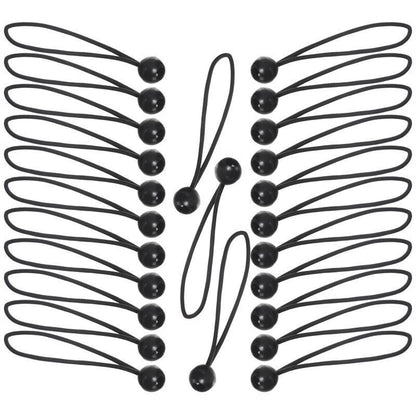 Set of 25 black 8-inch bungee cords with balls by Emery Jensen, stretch cords with hooks for secure fastening and versatile use.