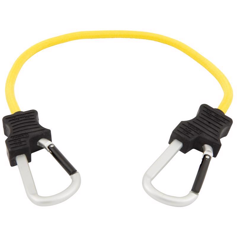Emery Jensen 24-inch bungee cord with carabiner hooks, durable stretch cord for securing items and outdoor activities.