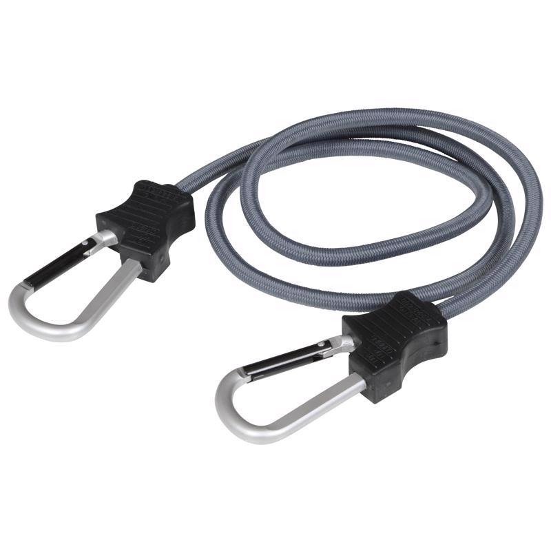 Emery Jensen 48-inch bungee cord with carabiner hook, stretchy and durable for securing items.