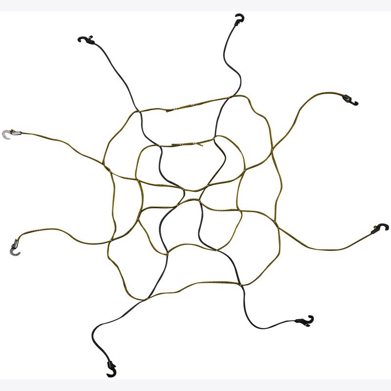 Adjustable cargo net with stretch cords and hooks by Emery Jensen, shown with secure attachment points for versatile cargo management.