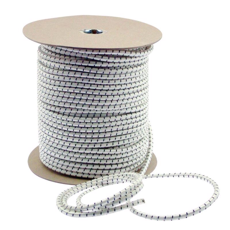 Emery Jensen stretch cords with hooks on a reel, 5/16 inch by 300 feet, for securing or bundling items securely.