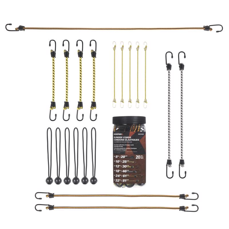 Emery Jensen 20-pack stretch bungee cords with hooks, versatile tie-down set for securing items and outdoor uses.