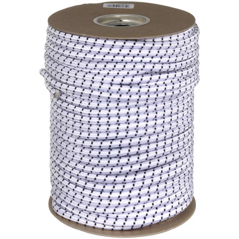 Emery Jensen 3/8" x 300' stretch bungee cords reel with hooks, coiled and ready for securing items.