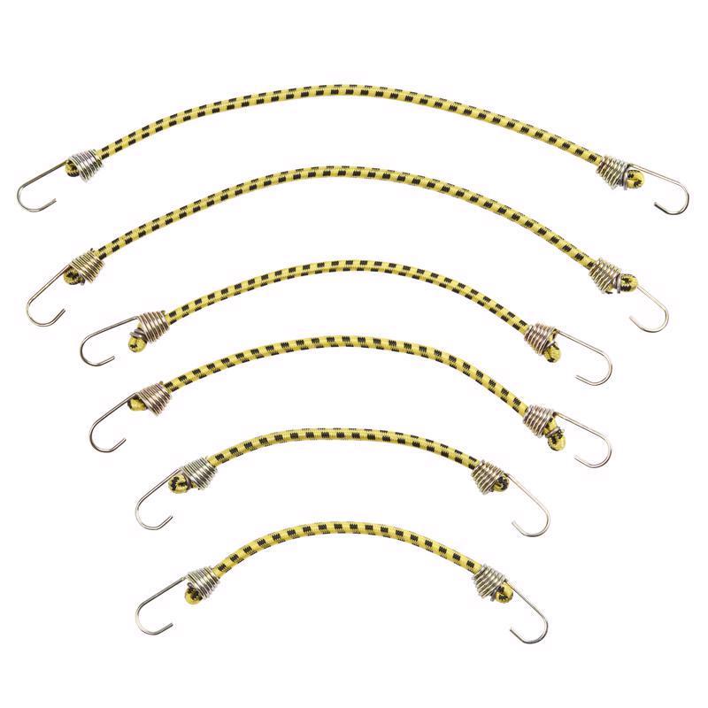Set of six Emery Jensen mini bungee cords with hooks, versatile stretch cords for securing items and outdoor use.
