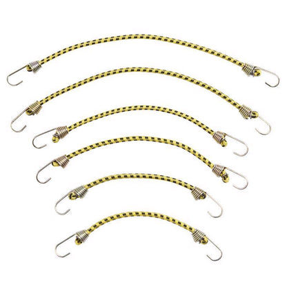 Set of six Emery Jensen mini bungee cords with hooks, versatile stretch cords for securing items and outdoor use.