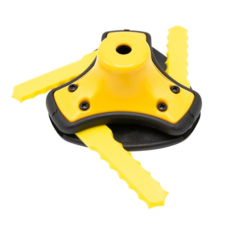 Emery Jensen Push-n-Load 3BLD Head for string trimmer, close-up of the black and gray trimmer head attachment with mounting details.