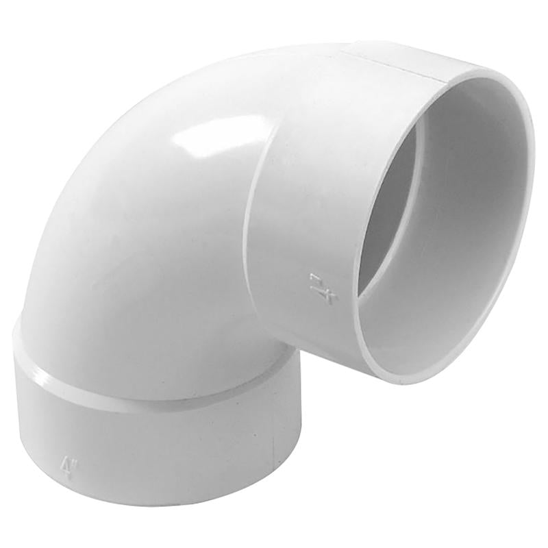 Emery Jensen 4-inch 90-degree PVC elbow fitting for drain and sewer piping, made of durable styrene/PVC material.