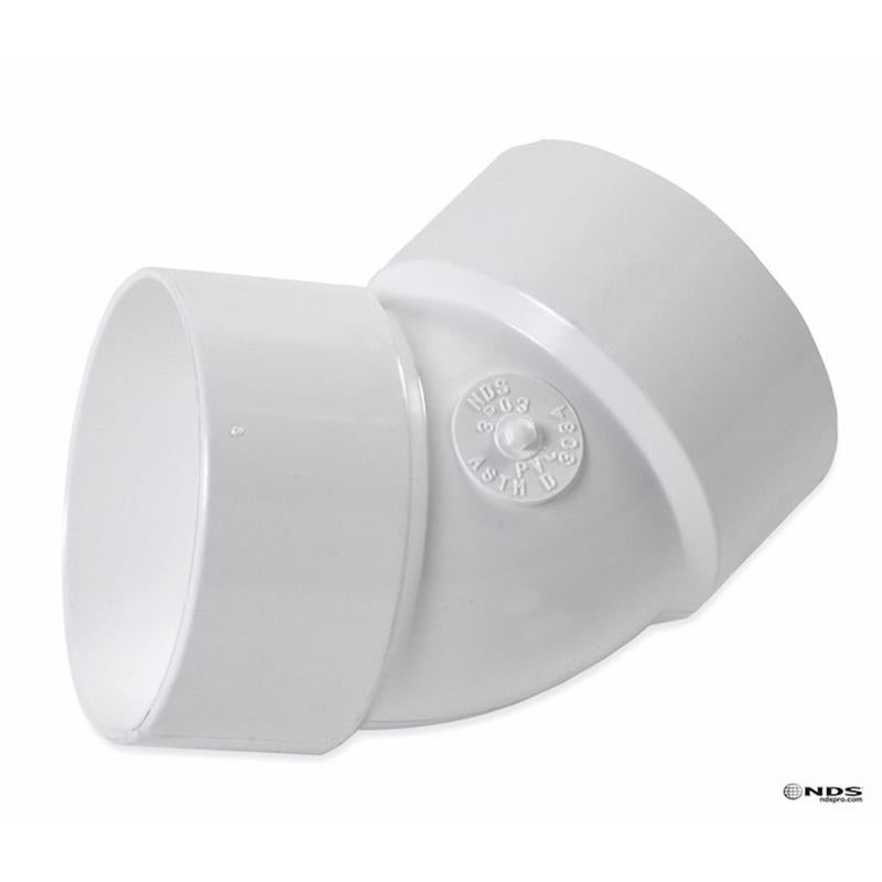 Emery Jensen 1/8 inch PVC bend with 3-inch hub for styrene PVC SWR drain fittings, shown in a close-up view