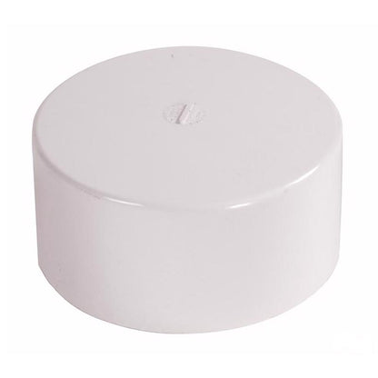 Emery Jensen 6-inch PVC S&D solvent weld drain cap, styrene/PVC sewer drain fitting, used for plumbing and drainage systems