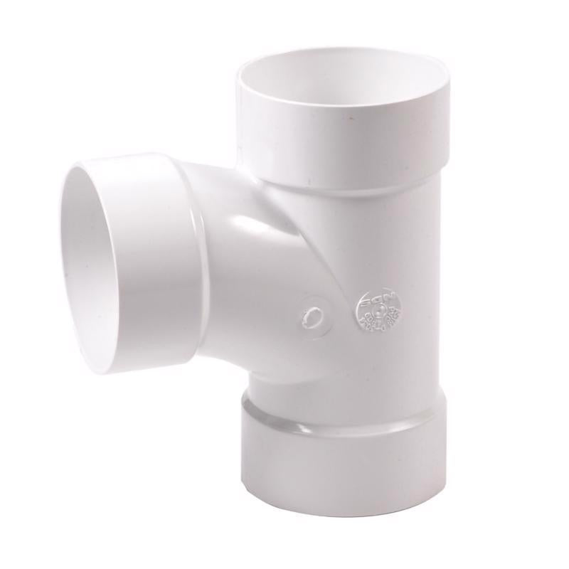 Emery Jensen PVC S&D 4-inch TEE SAN pipe fitting for drain and sewer systems, made of styrene and PVC material.