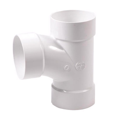 Emery Jensen PVC S&D 4-inch TEE SAN pipe fitting for drain and sewer systems, made of styrene and PVC material.