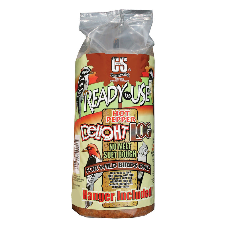 Emery Jensen hot pepper suet log 1lb for attracting birds, with a vibrant red-colored suet log featuring hot pepper ingredients.