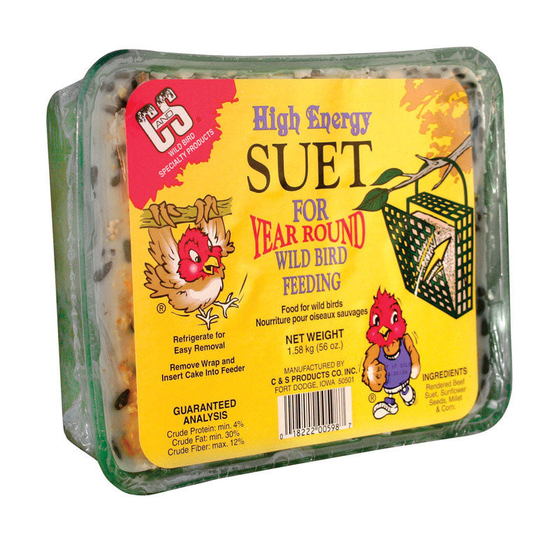 Emery Jensen Suet & Seed High Energy block in 56oz package, designed for birds, with visible seed mixture and suet texture.